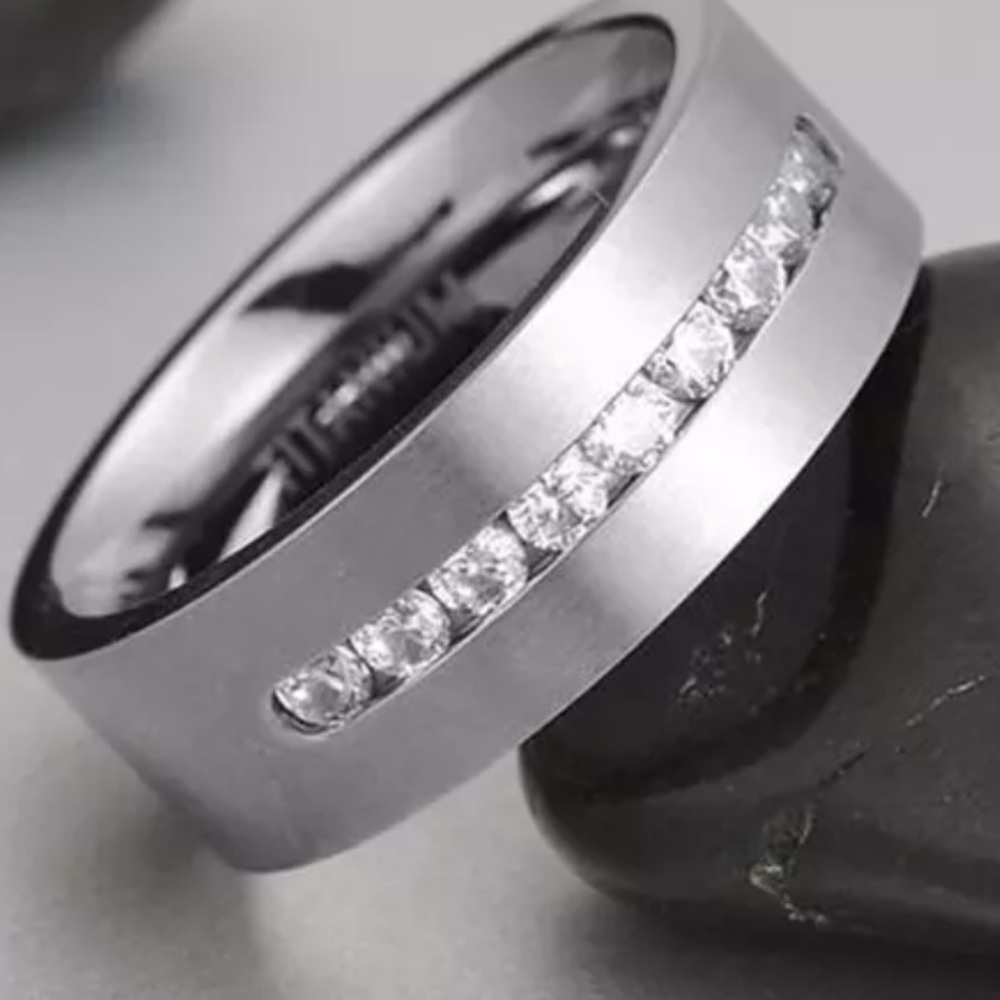 Mens 8MM Stainless Steel Titanium Studded Band - Picture 3 of 5